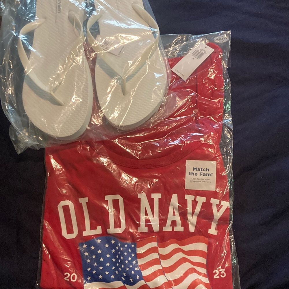 Old Navy Red Tank with American Flag Design and flip flops